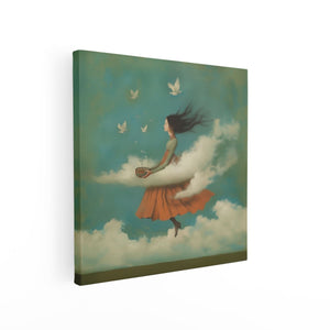 Canvas schilderij vierkant Meisje in een Oranje Jurk die in de Wolken Vliegt