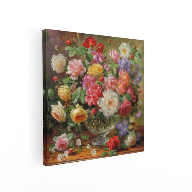 Canvas schilderij vierkant Kunstwerk van Rozen in een Glazen Vaas
