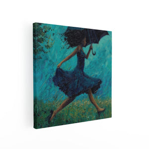 Canvas schilderij vierkant Vrouw loopt met een Paraplu