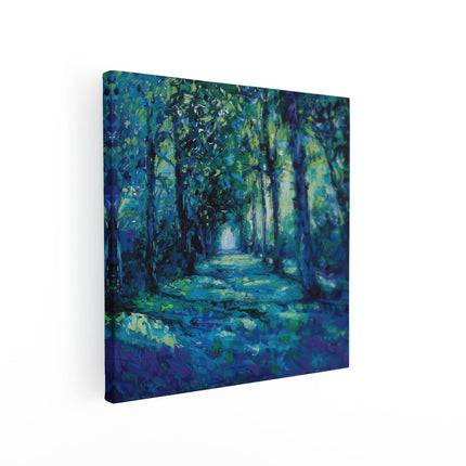 Canvas schilderij vierkant Kunstwerk van een Blauw Pad in het Bos