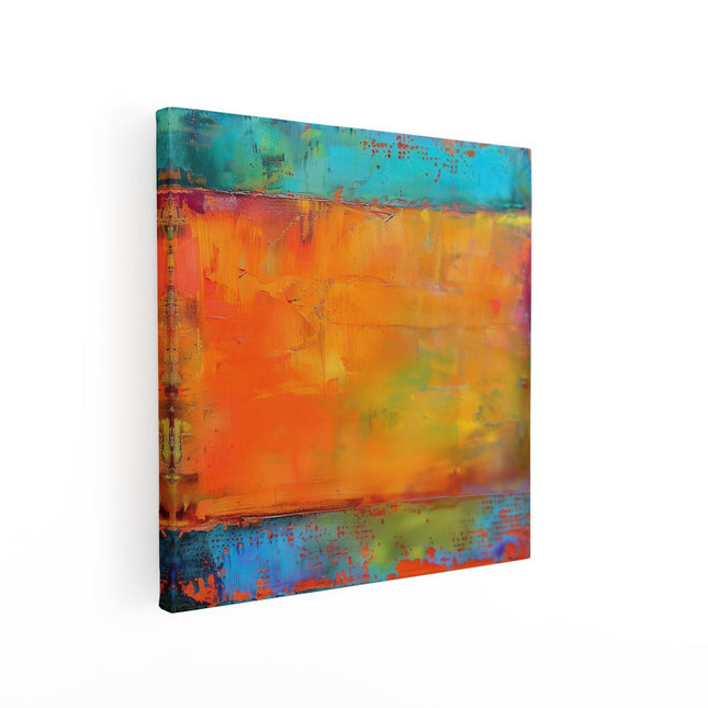 Canvas schilderij vierkant Abstract Kunstwerk met Oranje, Blauwe en Groene Kleuren