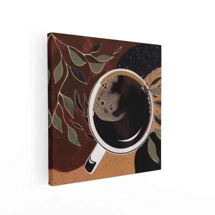 Canvas schilderij vierkant Kopje Koffie met Bladeren