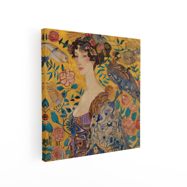 Canvas schilderij vierkant Kunstwerk van een Vrouw met Vogels en Pauwen