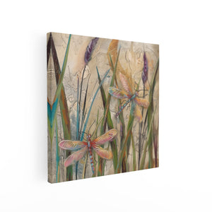 Canvas schilderij vierkant Kleurrijke Libellen in het Gras