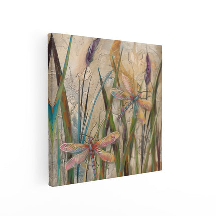 Canvas schilderij vierkant Kleurrijke Libellen in het Gras