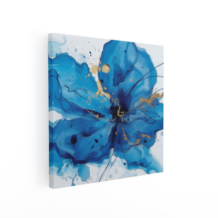 Canvas schilderij vierkant Blauwe Bloem met Gouden Spetters