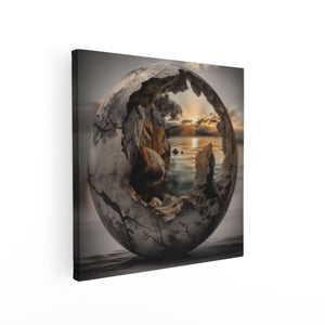 Canvas schilderij vierkant Bol met Rotsen en een Zonsondergang