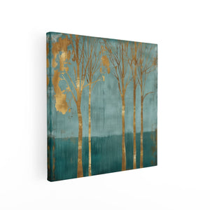 Canvas schilderij vierkant Drie Bomen in een Blauw en Goud Kunstwerk