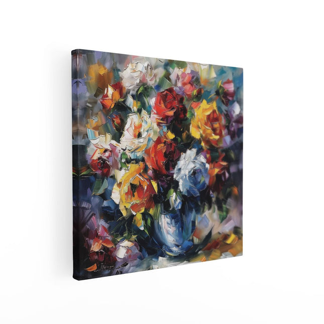 Canvas schilderij vierkant Kunstwerk van Rozen in een Blauwe Vaas