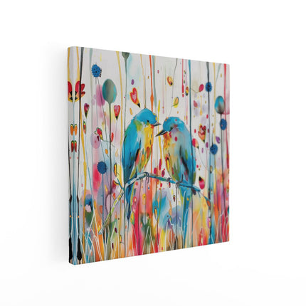 Canvas schilderij vierkant Twee Vogels op een Tak