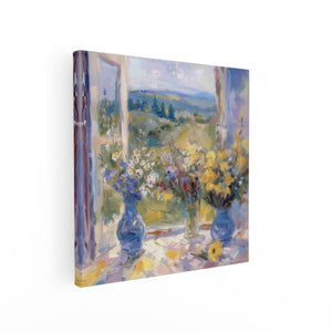 Canvas schilderij vierkant Bloemen in Blauwe Vazen ​​Op een Vensterbank