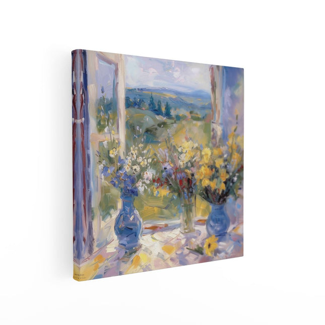 Canvas schilderij vierkant Bloemen in Blauwe Vazen ​​Op een Vensterbank