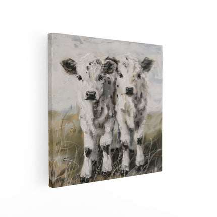 Canvas schilderij vierkant Twee Witte Koeien Staan ​​In een Veld