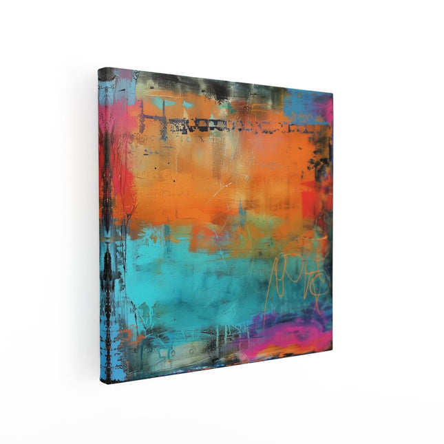 Canvas schilderij vierkant Abstract Kunstwerk met Blauwe, Oranje en Paarse Kleuren