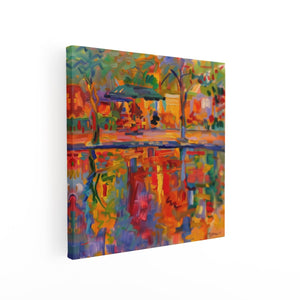 Canvas schilderij vierkant Kleurrijk Kunstwerk van een Vijver en Bomen