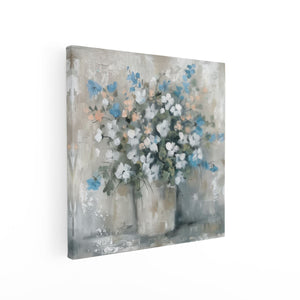 Canvas schilderij vierkant Blauwe en Witte Bloemen in een Vaas