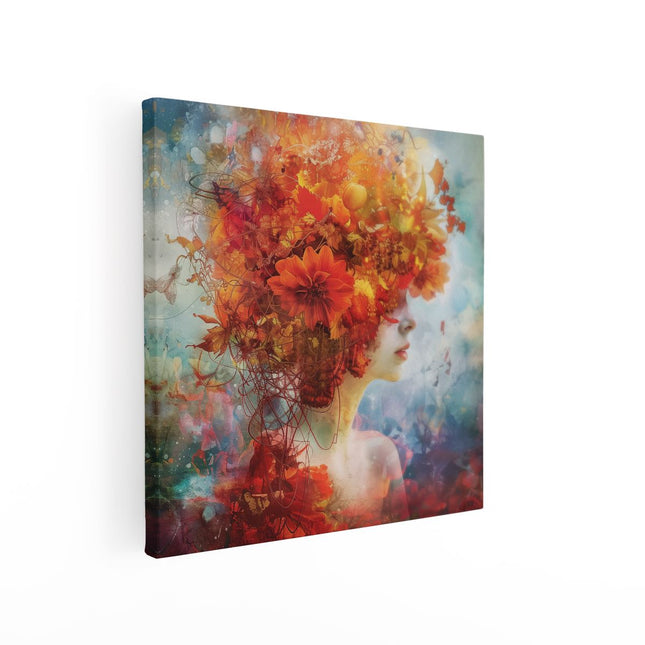 Canvas schilderij vierkant Vrouw met Bloemen in haar Haar