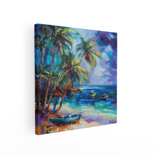 Canvas schilderij vierkant Kunstwerk van een Strand met Boten en Palmbomen