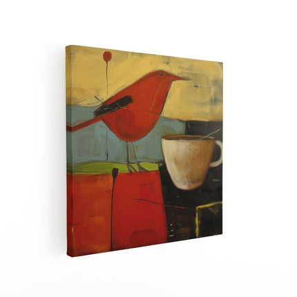 Canvas schilderij vierkant Rode Vogel zit Naast een Kopje Koffie