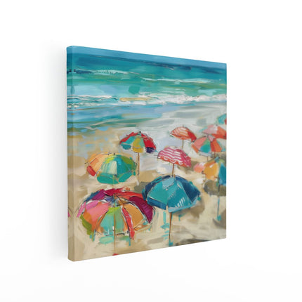 Canvas schilderij vierkant Kleurrijke Parasols op het Strand