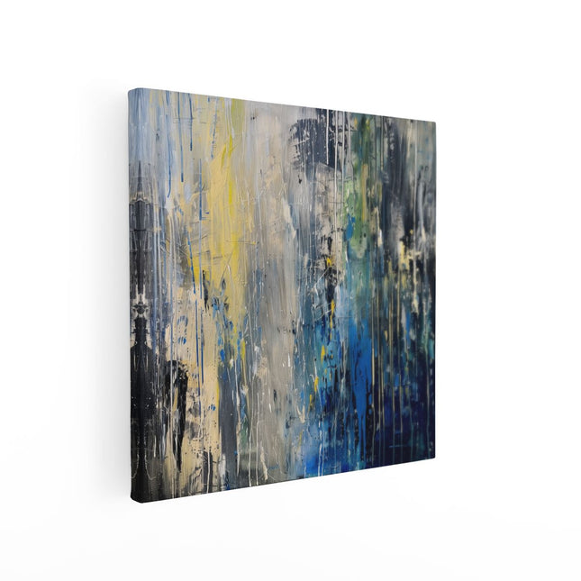 Canvas schilderij vierkant Abstract Kunstwerk met Blauwe, Gele en Zwarte Druppels