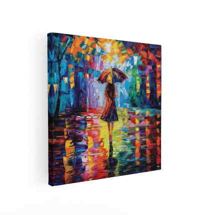 Canvas schilderij vierkant Vrouw die in de Regen loopt met een Paraplu
