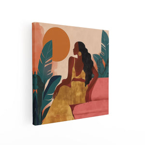 Canvas schilderij vierkant Vrouw in een Gele Jurk Zittend op een Bank