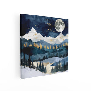 Canvas schilderij vierkant Aquarelkunstwerk van een Besneeuwd Landschap met een Volle Maan