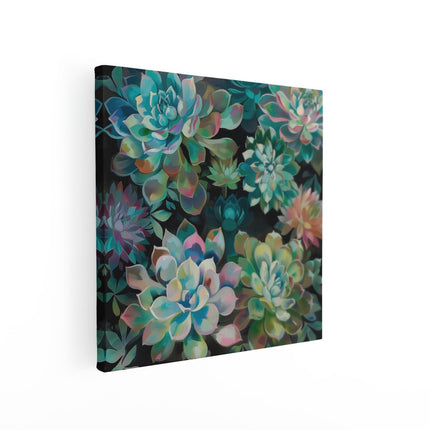 Canvas schilderij vierkant Kleurrijke Vetplanten op een Zwarte Achtergrond