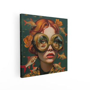 Canvas schilderij vierkant Meisje met een Bril en Omringd door Vissen