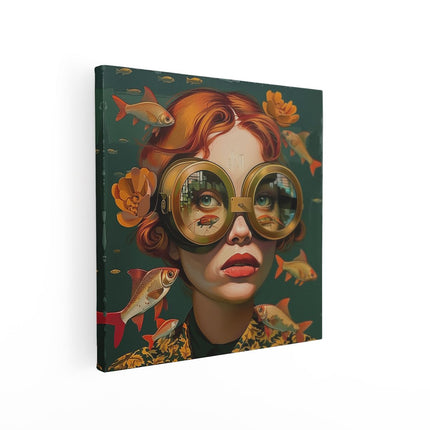 Canvas schilderij vierkant Meisje met een Bril en Omringd door Vissen