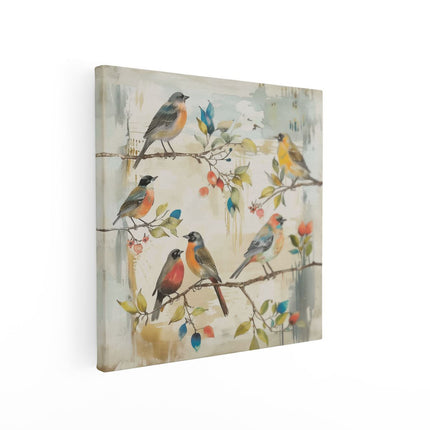 Canvas schilderij vierkant Kleurrijke Vogels Zittend op een Tak