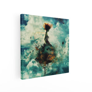 Canvas schilderij vierkant Meisje in een Jurk die door de Wolken Vliegt