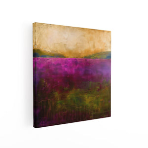Canvas schilderij vierkant Abstract Kunstwerk van een Paars en Goudlandschap