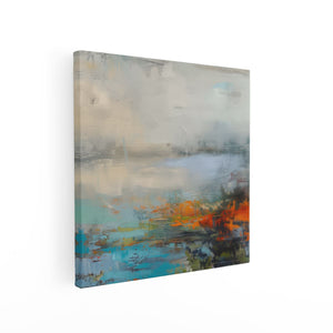 Canvas schilderij vierkant Abstract Kunstwerk met Oranje, Blauwe en Groene Kleuren