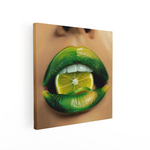 Canvas schilderij vierkant Vrouwenlippen met een Schijfje Limoen Erop