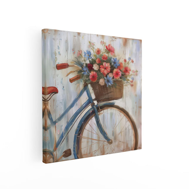 Canvas schilderij vierkant Kunstwerk van een Fiets met Bloemen in een Mand