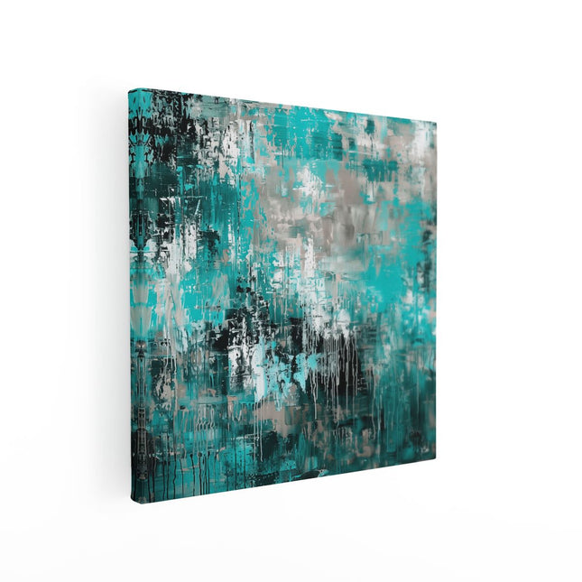Canvas schilderij vierkant Abstract Kunstwerk in Groenblauw en Zwart