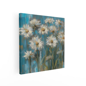 Canvas schilderij vierkant Kunstwerk van Witte Madeliefjes op een Blauwe Achtergrond