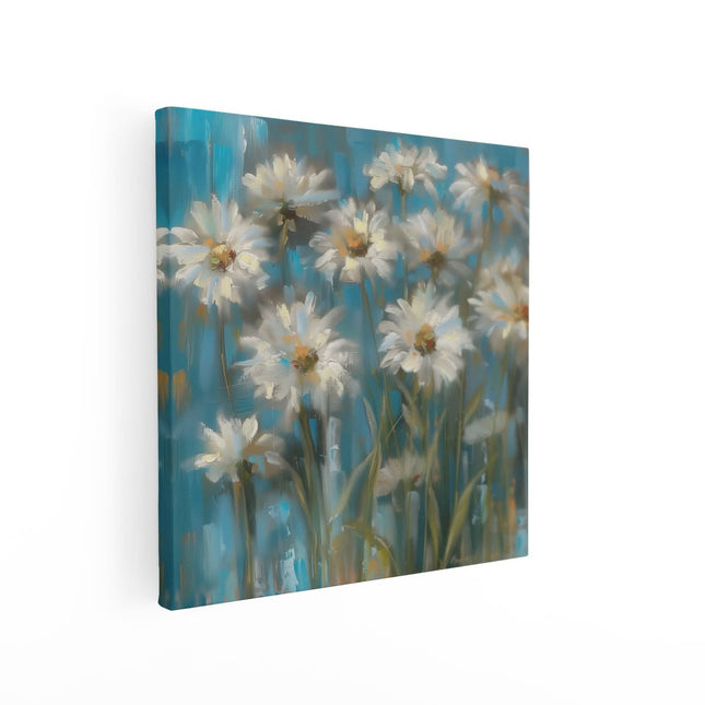 Canvas schilderij vierkant Kunstwerk van Witte Madeliefjes op een Blauwe Achtergrond