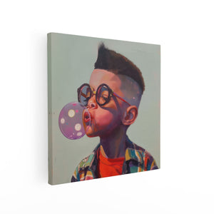 Canvas schilderij vierkant Jonge Jongen die een Bel Blaast