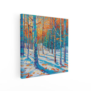 Canvas schilderij vierkant Kunstwerk van een Besneeuwd Bos bij Zonsondergang