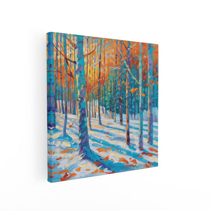 Canvas schilderij vierkant Kunstwerk van een Besneeuwd Bos bij Zonsondergang