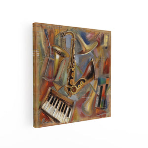Canvas schilderij vierkant Saxofoons, Keyboards en andere Muziekinstrumenten
