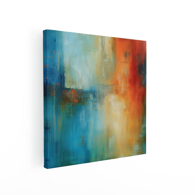 Canvas schilderij vierkant Abstract Kunstwerk met Blauwe, Oranje en Rode Kleuren