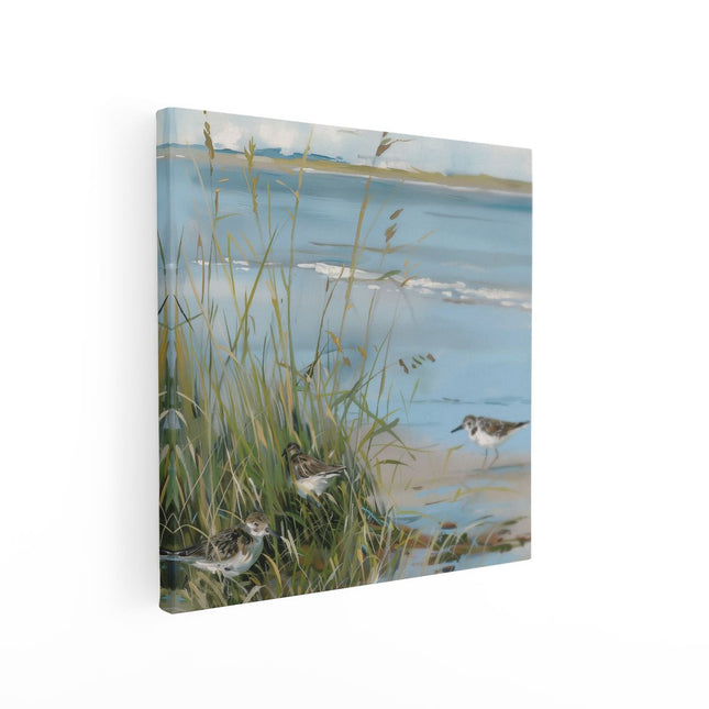 Canvas schilderij vierkant Kunstwerk van Vogels op een Strand