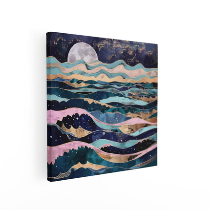 Canvas schilderij vierkant Kunstwerk van de Oceaan met Golven en een Maan