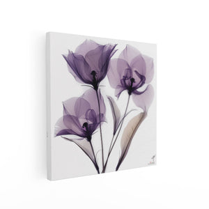 Canvas schilderij vierkant Drie Paarse Bloemen op een Witte Achtergrond