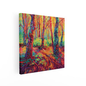 Canvas schilderij vierkant Kleurrijk Kunstwerk van Bomen in een Bos