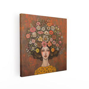 Canvas schilderij vierkant Vrouw met Bloemen op haar Hoofd